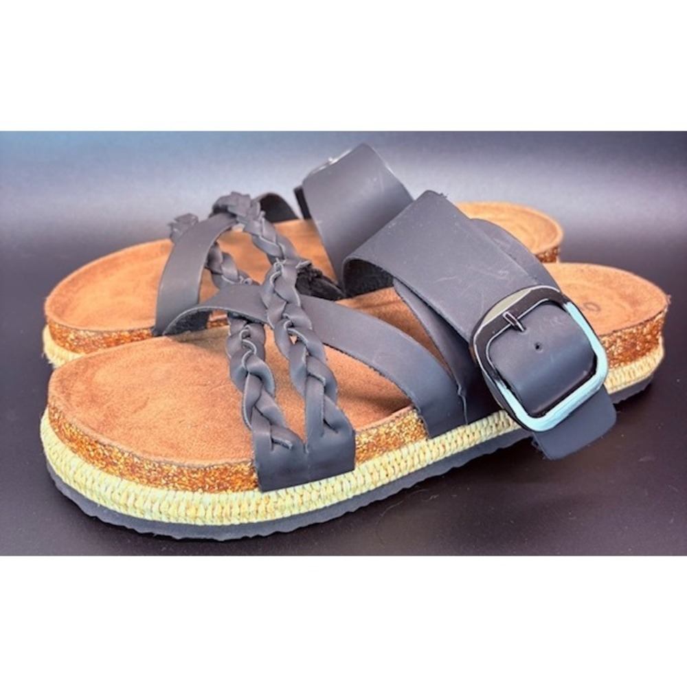 Ontwoods Black Braided Strap Sandals Platform Buckle Cork Accent womens size 10
